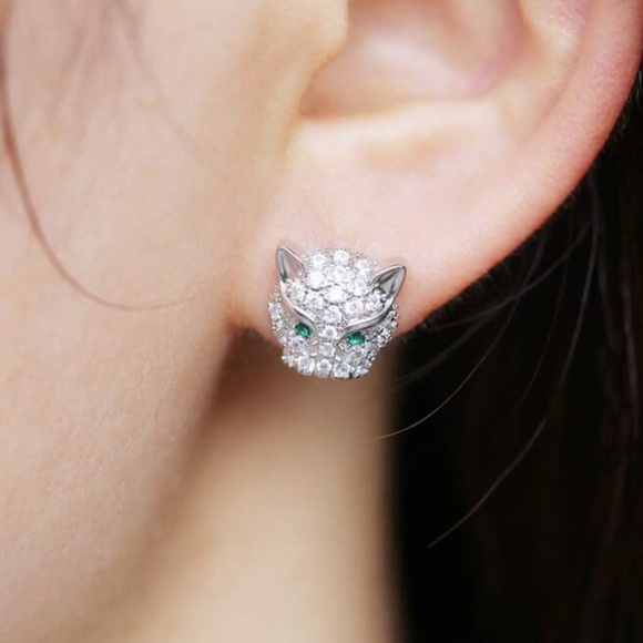 Leopard Cat Panther Head, Green Eyes, Crystal, Cubic Zirconia Stud Earrings - Picture 3 of 7